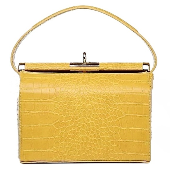 Top Handle Yellow Faux Crocodile Embossed Handbag Turn Lock Closure Like New - Picture 6 of 14